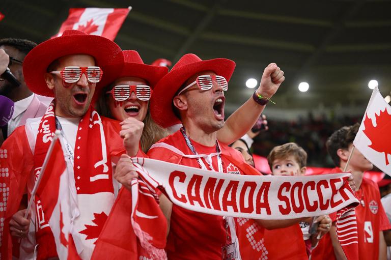 DOHA, QATAR - NOVEMBER 23: Fans of Canada enjoy the pre match atmosphere prior to the FIFA World Cup Qatar 2022 Group F match between Belgium and Canada at Ahmad Bin Ali Stadium on November 23, 2022 in Doha, Qatar. (Photo by Matthias Hangst/Getty Images)