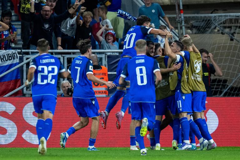 BRATISLAVA, SLOVAKIA - SEPTEMBER 4: David Strelec of Slovakia celebrate with teammates  after 2nd goal during the FIFA World Cup 2026 qualifier match between Slovakia and Germany at  on September 4, 2025 in Bratislava, Slovakia. (Photo by Sebastian Frej/Getty Images)