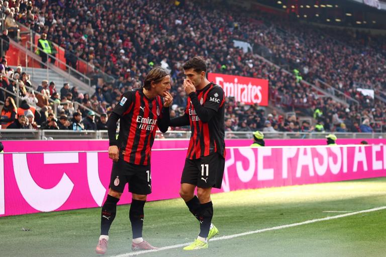 MILAN, ITALY - DECEMBER 14: Luka Modric and Christian Pulisic of AC Milan converse with each other during the Serie A match between AC Milan and US Sassuolo Calcio at Giuseppe Meazza Stadium on December 14, 2025 in Milan, Italy. (Photo by Giuseppe Cottini/AC Milan via Getty Images)